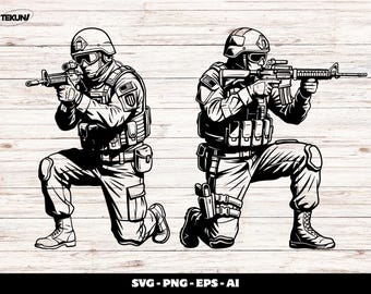 Armed Soldier SVG, Military Line Art, Tactical Soldier Silhouette