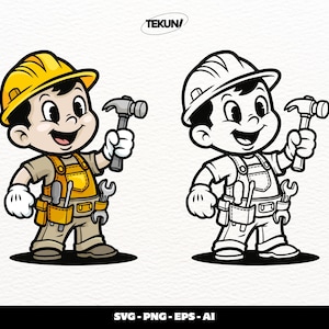 Puede incluir: Ilustración de dibujos animados de un trabajador de la construcción sonriente sosteniendo un martillo. El trabajador lleva un casco amarillo, un mono beige, un cinturón de herramientas y guantes blancos. Una versión en blanco y negro de la ilustración está al lado. Incluye el texto "TEKUNA" y "SVG - PNG - EPS - AI".