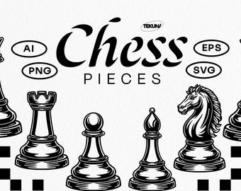 May include: Black and white illustration of chess pieces, including a king, rook, pawn, bishop, and knight. The word "Chess Pieces" is written in a bold, stylized font. File type icons for AI, PNG, EPS, and SVG are also present.