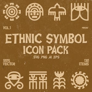 May include: A selection of beige ethnic symbols on a brown backdrop. The image features diverse icon designs, including geometric shapes, bird-like figures, and eye symbols. Text reads "ETHNIC SYMBOL ICON PACK" and "100% VECTOR".