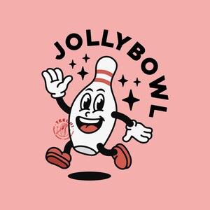 May include: A cartoon bowling pin with a smiling face and arms, running with a red and white bowling pin design. The text "JOLLYBOWL" is written in a circle around the bowling pin. The background is pink.