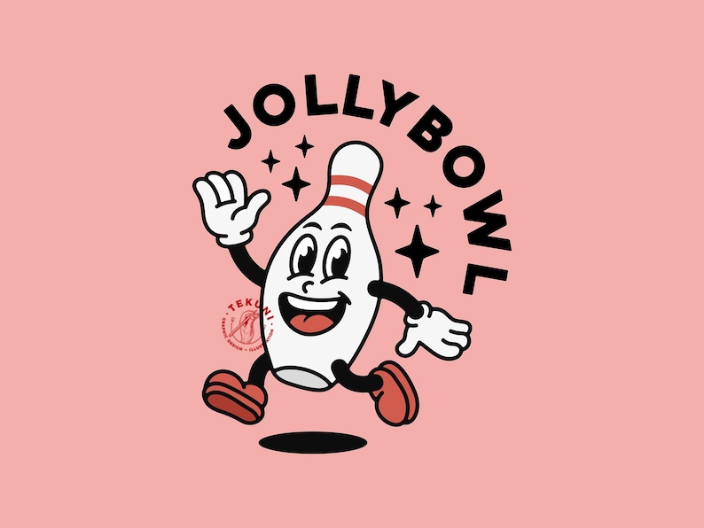 May include: A cartoon bowling pin with a smiling face and arms, running with a red and white bowling pin design. The text "JOLLYBOWL" is written in a circle around the bowling pin. The background is pink.