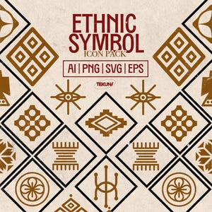 May include: An assortment of brown and black ethnic symbols arranged in a repeating pattern. The image includes various geometric shapes, stylized birds, and eye-like designs. The words "ETHNIC SYMBOL ICON PACK" are displayed in red, along with file type indicators.