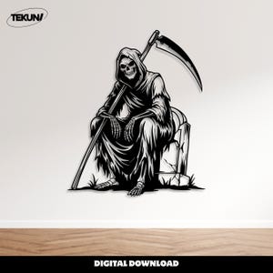 May include: Black and white metal wall art of the Grim Reaper sitting on a tombstone, holding a scythe. The image includes the text "DIGITAL DOWNLOAD". The brand name "TEKUN" is in the upper left corner.