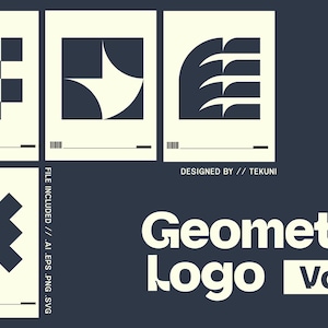 Könnte beinhalten: Eine Sammlung geometrischer Logo-Designs in Schwarz und Weiß, angeordnet auf einem dunkelblauen Hintergrund. Die Designs umfassen abstrakte Formen und Muster. Der Text "Geometric Logo Vol. 8" ist in Weiß dargestellt. Die Zahl "100" befindet sich oben rechts.