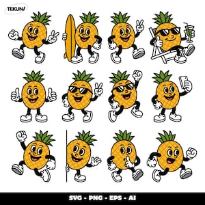 May include: A collection of cartoon pineapple characters in various poses. Some pineapples are wearing sunglasses, holding a surfboard, or giving a thumbs up. The image includes the text "SVG - PNG - EPS - AI".