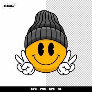 Puede incluir: Una cara sonriente amarilla de dibujos animados con un gorro gris y guantes blancos, haciendo el signo de la paz con ambas manos. La cara sonriente tiene ojos negros y una sonrisa curvada. La imagen incluye el texto "SVG - PNG - EPS - AI".