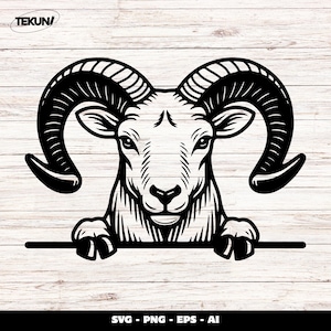 May include: Black and white illustration of a ram's head with large, curved horns. The ram is depicted with detailed shading and is holding onto a horizontal line. The image includes the text "SVG - PNG - EPS - AI".