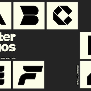 May include: A collection of black letter logos, including A, B, C, D, E, and F, on a cream background. The words "Letter Logos" are displayed in white, along with file type information. The design is by Tekuni.