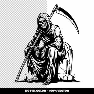 May include: Black and white illustration of the Grim Reaper, seated on a tombstone, holding a scythe. The Reaper is wearing a hooded cloak, with a skull face. The image includes the text "NO FILL COLOR - 100% VECTOR".