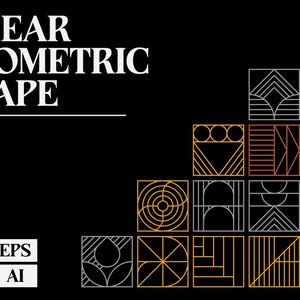 Könnte beinhalten: Schwarze Grafik mit dem Text "LINEAR GEOMETRIC SHAPE" und "100 ITEMS". Das Bild zeigt eine Sammlung geometrischer Formen in Orange, Grau und Weiß. Enthält SVG-, EPS-, PNG- und AI-Dateiformate.