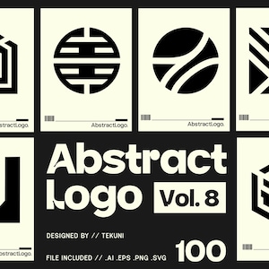 Può includere: Una collezione di design di logo astratti in bianco e nero, presentati su sfondo crema. I design includono forme e simboli geometrici. Il testo "Abstract Logo Vol. 8" è ben visibile, insieme al numero "100".