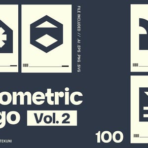 Könnte beinhalten: Geometrisches Logo Vol. 2 Design mit 100 Logos. Das Design zeigt geometrische Formen in Dunkelblau auf cremefarbenem Hintergrund. Der Text "Geometric Logo Vol. 2" wird in einer fetten, serifenlosen Schrift angezeigt. Die Dateiformate sind: AI, EPS, PNG, SVG.