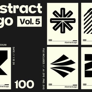 Könnte beinhalten: Eine Sammlung von sechs abstrakten Logo-Designs in Schwarz und Weiß, präsentiert auf cremefarbenen Hintergründen. Die Designs umfassen geometrische Formen und Muster, mit dem Text "Abstract Logo Vol. 5" und weiteren Details.