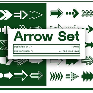 May include: A selection of white arrow designs on a green and white backdrop. The image features a rectangular label with the text "Arrow Set" and file type details. The arrows are in diverse styles, including solid, outlined, and dotted.