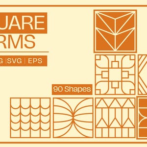 Peut inclure: Un ensemble graphique numérique intitulé SQUARE FORMS VOL. 7 comprenant 90 formes aux formats AI, PNG, SVG et EPS. Le design présente des motifs géométriques orange sur un fond crème clair, incluant divers carreaux carrés aux motifs linéaires.
