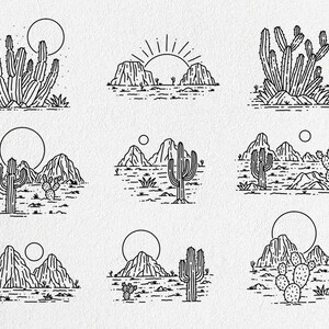 May include: A set of nine black and white line drawings depicting various desert landscapes. Each illustration features cacti, mountains, and a sun or moon. The illustrations are minimalist and modern in style.
