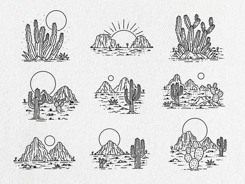 May include: A set of nine black and white line drawings depicting various desert landscapes. Each illustration features cacti, mountains, and a sun or moon. The illustrations are minimalist and modern in style.