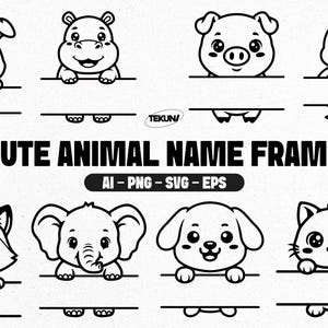 May include: A monochrome illustration featuring eight adorable animals, including a rabbit, hippo, pig, duck, fox, elephant, dog, and cat. Each animal is above a line, with the text "CUTE ANIMAL NAME FRAME" and file type options.