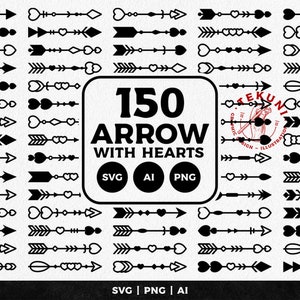 May include: A collection of 150 black arrow designs with hearts and other decorative elements. The image includes SVG, AI, and PNG file formats. The arrows vary in style, with different shapes and heart designs.