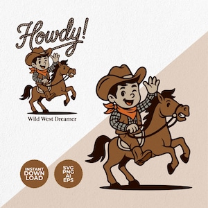 Retro cowboy cartoon character illustration - Instant download