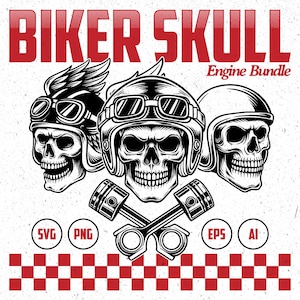 Puede incluir: Ilustración en blanco y negro de tres calaveras con cascos y gafas de motorista. El texto "BIKER SKULL Engine Bundle" es rojo. Debajo hay pistones de motor cruzados e iconos de tipo de archivo.