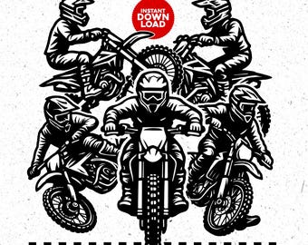 Motorcross SVG-bundel, crossmotorrijder clipart, linosnedestijl (digitale bestanden)