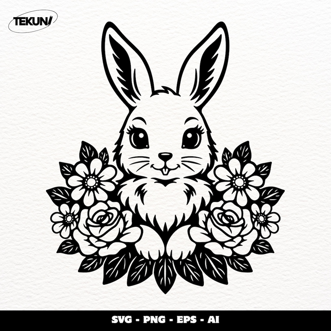 Bunny Floral SVG, Rabbit Flower Line Art Cut File, Spring Nursery ...