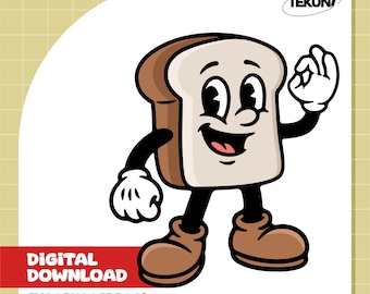 Könnte beinhalten: Cartoon-Illustration eines Brotlaibs mit lächelndem Gesicht, Armen, Beinen und braunen Schuhen. Das Brot macht eine "okay" Handgeste. Die Worte "DIGITALER DOWNLOAD" stehen in einem roten Feld unten, mit Dateitypoptionen darunter.