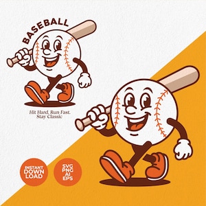 Vintage Baseball Cartoon Mascot SVG | Funny Retro Sports Character Clipart | Instant Download