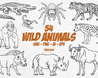 Wild Animal Line Art SVG Bundle, Wildlife Outline Drawings, Zoo Animals Clipart, Safari Animals