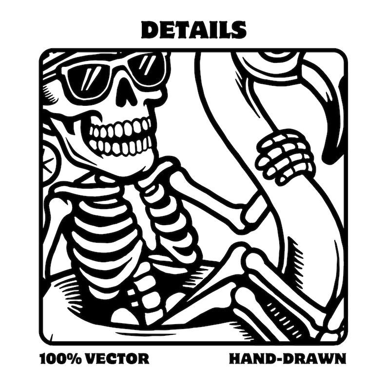 May include: Black and white vector illustration of a skeleton wearing sunglasses and holding a flamingo pool float. The image includes the text "DETAILS", "100% VECTOR", and "HAND-DRAWN".