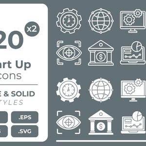 Puede incluir: Una colección de 20 iconos de inicio blancos de estilo lineal y sólido sobre un fondo gris. Los iconos incluyen un reloj, un globo terráqueo, un ordenador, una cartera, un ojo, un banco, un portátil, una calculadora y monedas. También aparece el texto "Start Up Icons".
