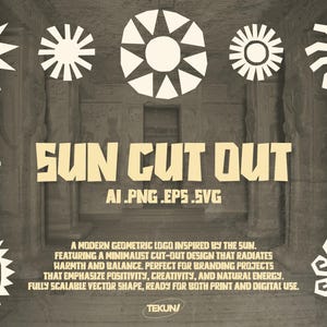 Może przedstawiać: Kolekcja geometrycznych wycięć słońca w różnych stylach, z tekstem "SUN CUT OUT" i informacjami o typie pliku. Obraz zawiera również opis cech projektu i zamierzonego zastosowania.