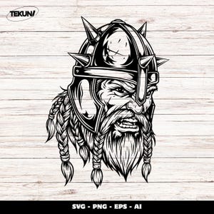 Peut inclure: Illustration en noir et blanc d'une tête de guerrier viking. Le guerrier a une expression féroce, une longue barbe tressée et un casque à pointes. L'image comprend le texte "TEKUN/" et "SVG - PNG - EPS - AI".