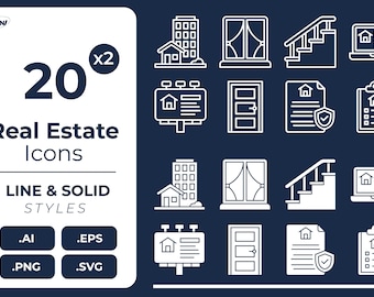 Iconos inmobiliarios, paquete de iconos de casas y edificios modernos, esquema de arquitectura y construcción