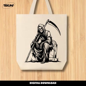 May include: Beige tote bag featuring a black and white illustration of the Grim Reaper seated on a tombstone, holding a scythe. The text "DIGITAL DOWNLOAD" is at the bottom. The brand name "TEKUN" is at the top left.
