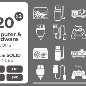 May include: White line art icons of computer hardware components, including a power supply, USB drive, projector, earbuds, cables, a game controller, and a webcam. The image also includes the text "20 Computer & Hardware Icons" and file type icons.