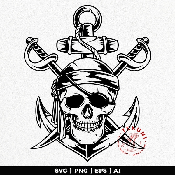 Tête de crâne de pirate, crâne de pirate svg, fichiers de crâne de pirate coupés, crâne de pirate png, téléchargement instantané