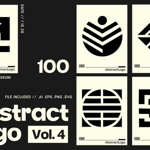 May include: A set of abstract logo designs in black and cream. The designs feature geometric shapes and patterns. The text "Abstract Logo Vol. 4" is displayed, along with the number "100". The file formats included are .AI, .EPS, .PNG, and .SVG.