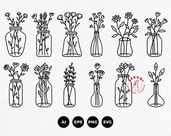 Set of hand drawn flower vase svg, floral vases - Instant download