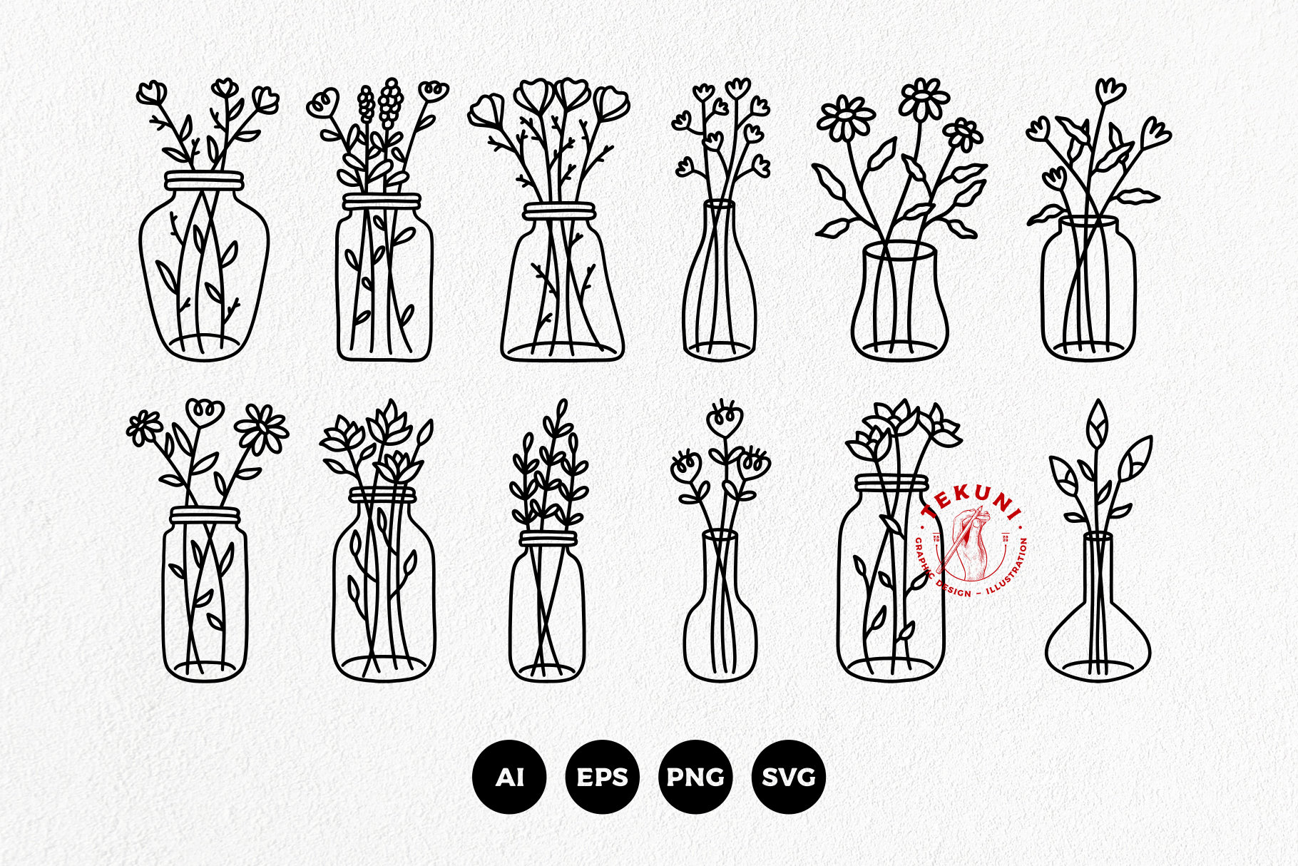 Set of hand drawn flower vase svg, floral vases - Instant download, image size:1820x1214