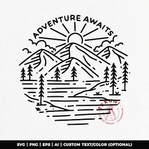 Puede incluir: Ilustración en blanco y negro de línea de arte de montañas, un lago, árboles y un sol con el texto "Adventure Awaits" alrededor de la imagen.