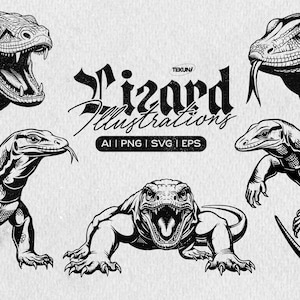Puede incluir: Ilustraciones de lagartos en blanco y negro en varias poses, incluyendo primeros planos y vistas de cuerpo completo. El texto "Lizard Illustrations" se muestra en una fuente estilizada, con iconos de tipo de archivo debajo. Las ilustraciones son detalladas y artísticas.