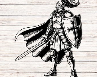 Caballero SVG, guerrero medieval PNG, cruzado con espada y escudo