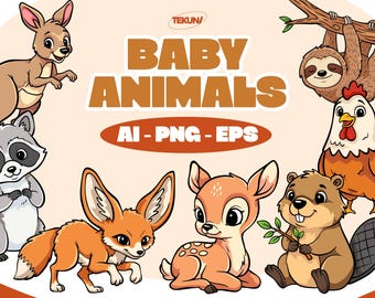 May include: A digital illustration featuring a collection of cartoon baby animals, including a kangaroo, raccoon, fox, deer, beaver, sloth, and chicken. The text "BABY ANIMALS" is displayed prominently, along with "AI - PNG - EPS".
