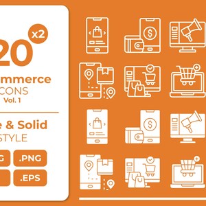 May include: An orange graphic with white e-commerce icons, including shopping carts, smartphones, and delivery boxes. The text reads "20 E-Commerce Icons Vol. 1" and "Line & Solid STYLE". File types include SVG, PNG, AI, and EPS.