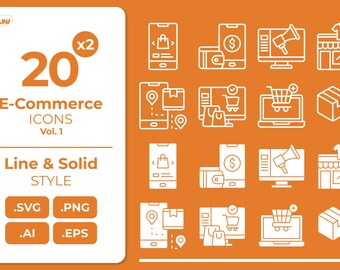 E-Commerce Icons vol 1, Business Marketing Icon Pack, Online Store & Delivery Icon - Instant Download