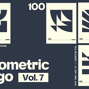 Könnte beinhalten: Eine Sammlung geometrischer Logo-Designs auf dunkelblauem Hintergrund. Die Logos zeigen abstrakte Formen in Dunkelblau und Weiß. Text enthält "Geometric Logo Vol. 7" und "Designed by // Tekuni". Dateiformate sind angegeben.