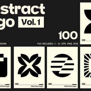 Puede incluir: Una colección de diseños de logotipos abstractos en negro y crema. El texto "Abstract Logo Vol. 1" está en la parte superior, con "100" e información del tipo de archivo debajo. Los diseños son formas y patrones geométricos.